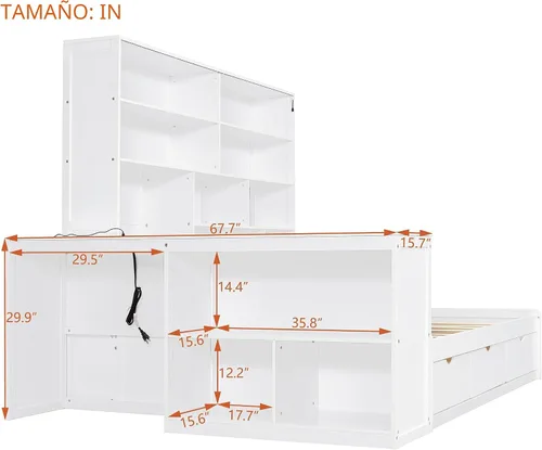 Vista 3 de KLMM Sofá cama de madera de tamaño completo con escritorio, estantes y Blanco/L