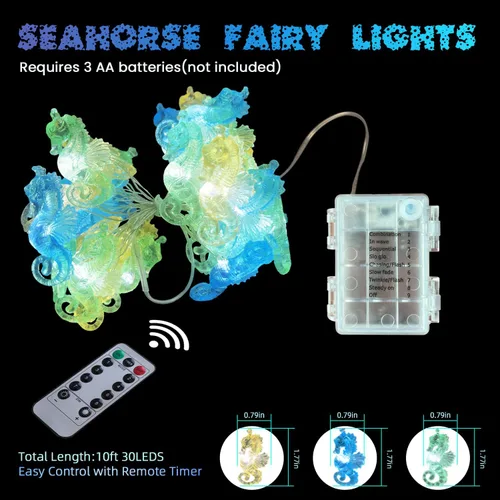 Vista 2 de Guirnalda de luces de caballito de mar con temática oceánica, 10 pies, 30 luces LED, funciona con pilas, decoración náutica costera de playa