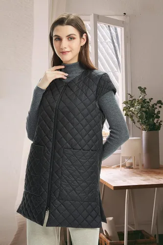 Vista 5 de Chaleco largo acolchado para mujer, ligero, con mangas casquillo, con bolsillos