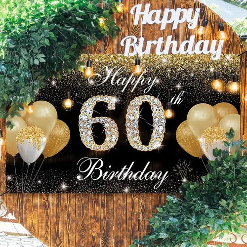 Vista 6 de Decoraciones de feliz cumpleaños 60 para hombres y mujeres – Cartel de fondo de cumpleaños 60 negro y dorado, cartel de patio, accesorios de cabina