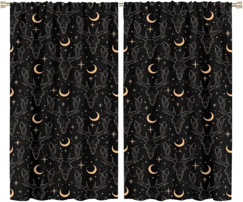 Vista 60 de BAEKJIN Cortinas de cabeza de cabra, diseño de calavera malvada, bruja, símbolo misterioso, bolsillo para barra, cortinas opacas para ventana, juego
