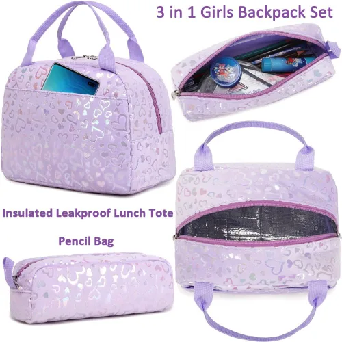 Vista 43 de Juego de mochila para niñas y adolescentes, mochila escolar para niños con bolsa para el almuerzo, estuche para lápices, mochilas escolares