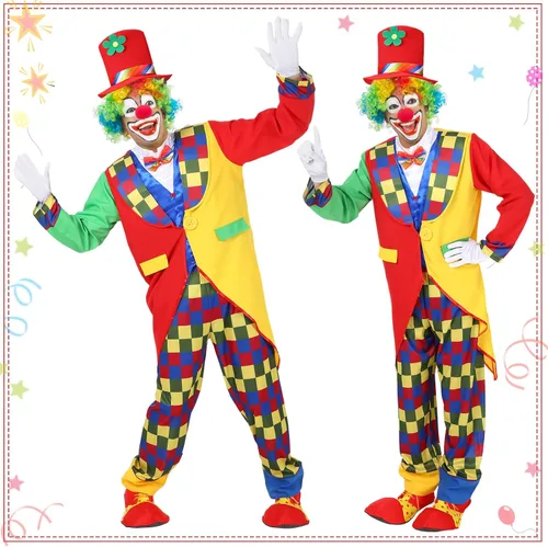 Vista 2 de Yahenda 7 Pcs Circus Clown Costume Set Halloween Rainbow Wig Hat Nose