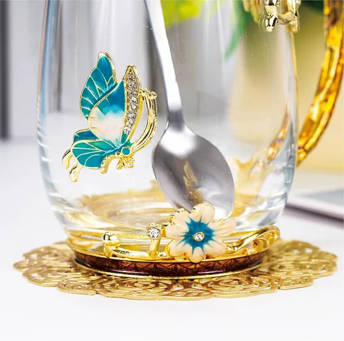 Vista 8 de Taza de té con flores, taza de café de vidrio con mariposa y margarita, con cuchara, caja de regalo para su mamá, esposa, abuela, niñas, amigas