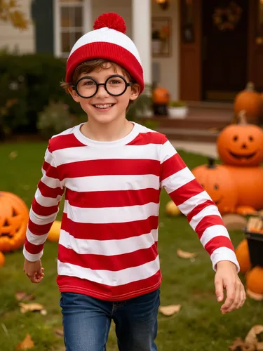 Vista 5 de URATOT Conjunto de disfraz de Halloween para niños, camiseta a rayas rojas y blancas, gorro, gafas de nerd