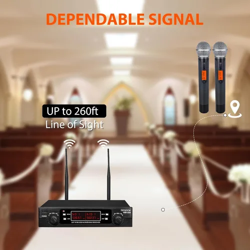Vista 2 de Innopow Sistema de micrófonos inalámbricos de 200 canales, set de micrófonos inalámbricos de metal UHF dual, escaneo automático, largo alcance