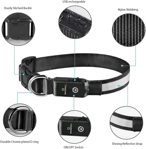 Vista 5 de MASBRILL Collares de perro con luz LED, collar de perro recargable iluminado resistente al agua, para caminar por la noche, collares para perros