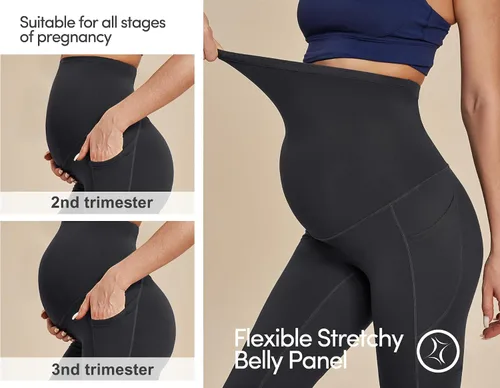 Vista 3 de IUGA Pantalones de maternidad con forro polar con bolsillos, pantalones de yoga de maternidad, pantalones de embarazo acampanados con corte de bota