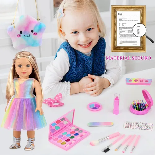 Vista 4 de UNICORN ELEMENT - Juego de 15 piezas de vestido y maquillaje para muñecas de 18 pulgadas Full Makeup Kit; Rainbow Dress, Makeup Bag & Hairband