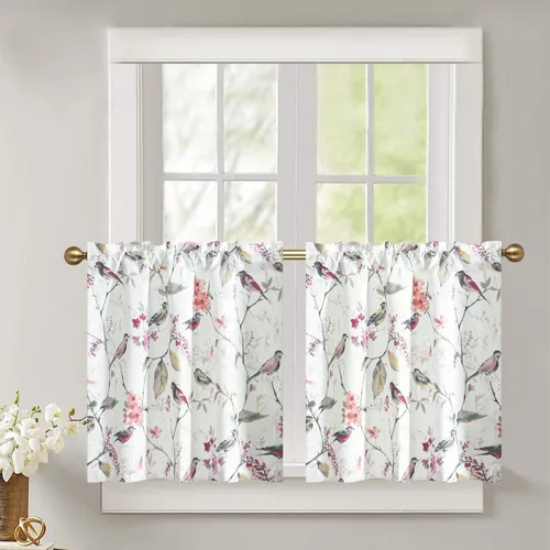 Vista 32 de Leeva - Cortinas pequeñas con estampado de pájaros, 24 pulgadas de largo, conjunto de paneles para ventanas, diseño de estampado de pájaros