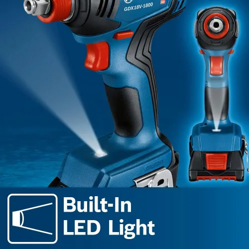 Vista 10 de Bosch GDX18V-1800B12 Kit de Destornillador/Llave de Impacto Dos en Uno de 18V de 1/4 Pulg. y 1/2 Pulg. para Brocas/Dados con Batería Estándar de 2 Ah