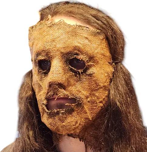 Vista 4 de Dead Head Props Máscara de asesino de espantapájaros, máscara de terror de Halloween - Máscara de arpillera sumergida de látex hecha a mano
