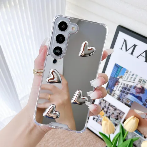 Vista 4 de Funda para Samsung Galaxy A24 5G con espejo plateado lindo corazón claro parachoques delgado fundas protectoras para Samsung Galaxy A24 5G corazones