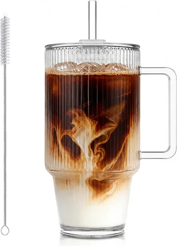 Vista 10 de KEMORELA Vaso de vidrio acanalado de 24 onzas con asa y tapa, tazas de café 24oz-Begonia
