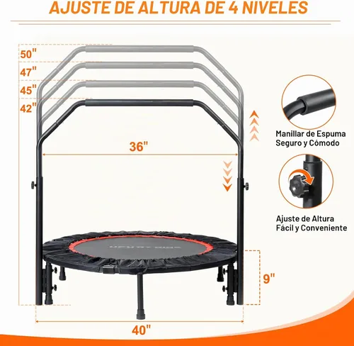 Vista 5 de Foldable Mini Trampoline Load 330lbs, 40"/48" Rebounder Trampoline for Adults with Durable Bungee Band and Adjustable Foam Handle for Home Gym