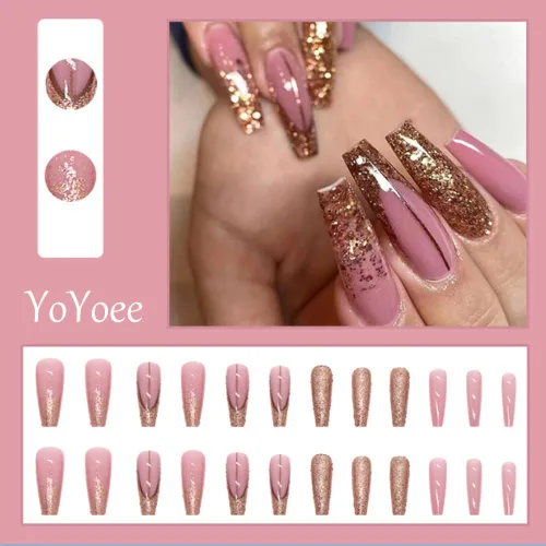 Vista 60 de Uñas postizas francesas a presión, uñas postizas largas de acrílico con forma de ataúd de cobertura completa, uñas postizas de bailarina