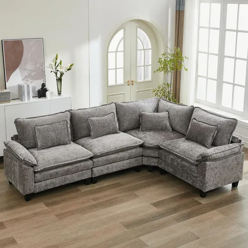 Vista 22 de URRED - Sofá seccional modular tipo nube, cómodo sofá cama de chenilla moderna con asientos profundos y otomán/almohadas para sala de estar