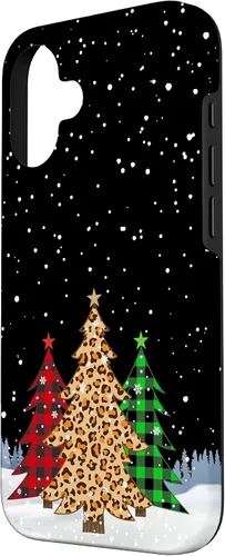Vista 2 de iPhone 16 Árboles de Navidad con estampado de leopardo y cuadros