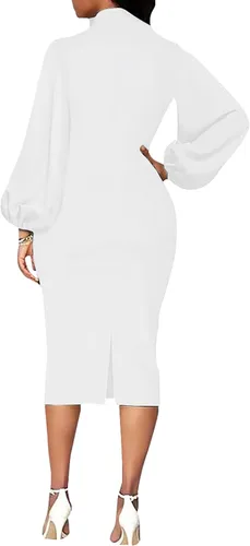 Vista 2 de BestGirl Vestidos ajustados de manga obispo para mujer, vestidos de trabajo casuales con estampado floral
