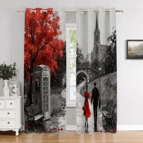 Vista 48 de Cortinas opacas de cocina con pintura al óleo de Europa rosa y negra para ventanas, cenefas opacas modernas de torre Eiffel de poliéster multicapa
