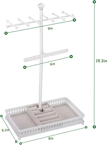 Vista 7 de Meangood Organizador de soporte para árbol de joyería 3 en 1, organizador de collares, pulseras, aretes y bandeja de anillos, soporte de joyería