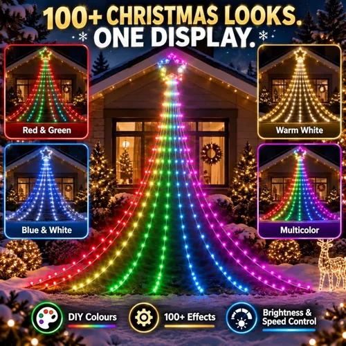 Vista 5 de Luces de decoración navideña para exteriores con estrella, pantalla inteligente de bricolaje personalizada de 100 modos, 3.6 m, cascada de árbol