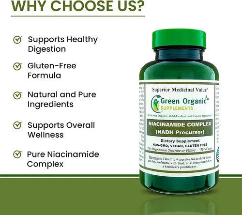 Vista 4 de Green Organic Supplements Niacinamida, niacina, NAD, NADH, alta absorción, sin OMG, sin gluten (paquete de 4)