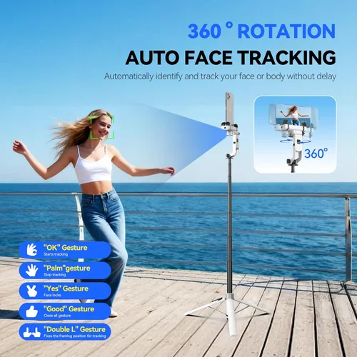 Vista 3 de Trípode para selfie stick de seguimiento automático de cara para iPhone con rotación ligera de 360 grados que sigue tu movimiento 70.9 pulgadas