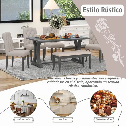 Vista 4 de Merax Juego de mesa de comedor de cocina de 6 piezas, juego de mesa de comedor de granja con mesa rectangular y 4 sillas tapizadas y banco, juego