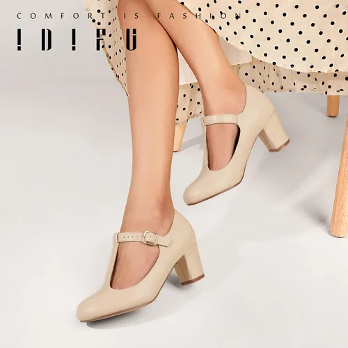 Vista 6 de IDIFU Zapatos de vestir para mujer, zapatos de vestir Mary Jane, zapatos de vestir bajos y gruesos con correa en T, zapatos de boda para novia
