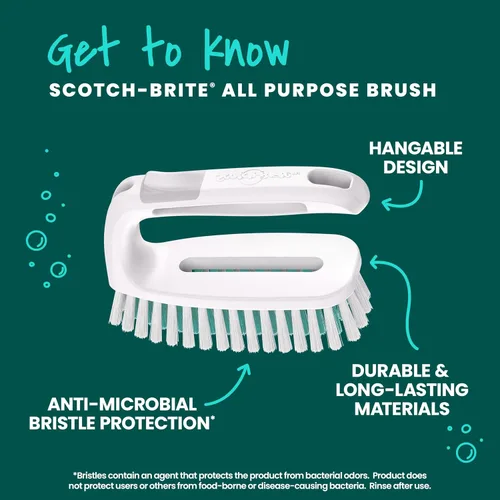 Vista 2 de Scotch-Brite Cepillo multiusos: cerdas duraderas para suelos de azulejos, paredes, puertas de ducha, bañeras y accesorios de baño, mango ergonómico
