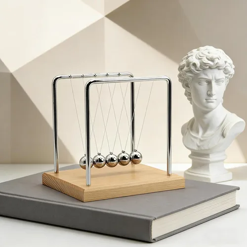 Vista 5 de Newton's Cradle - Pelotas oscilantes con péndulo de equilibrio con base de haya, juguete de ciencia y física, juguete para calmar la ansiedad Base