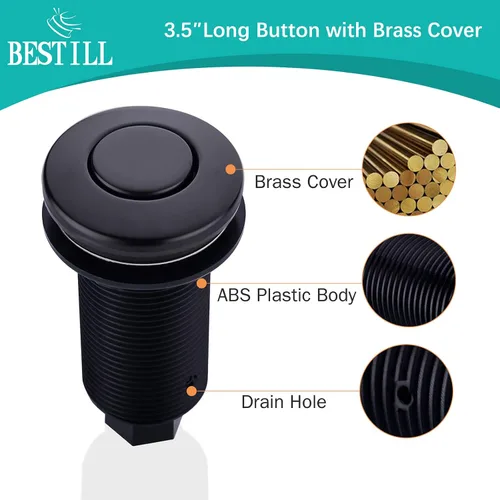 Vista 2 de BESTILL Kit de interruptor de aire para eliminación de basura, certificación UL, botón largo superior del fregadero con cubierta de latón, negro