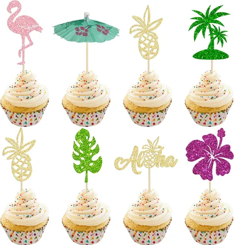 Vista 13 de 36 piezas de adornos para cupcakes de piña verde con purpurina verde para Luau despedida de soltera, fiesta de verano tropical, decoración