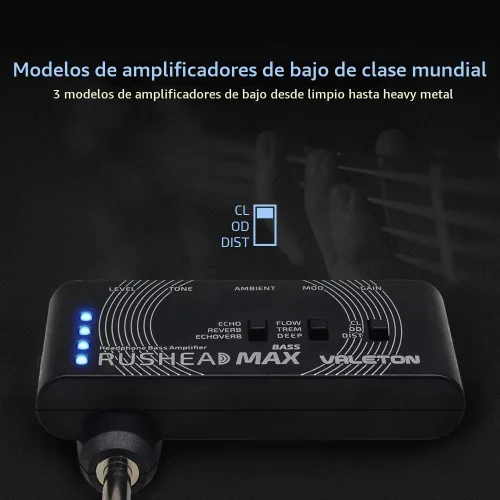 Vista 2 de Valeton Rushead Max - Amplificador de bolsillo portátil para bajo, cargador USB, multiefectos