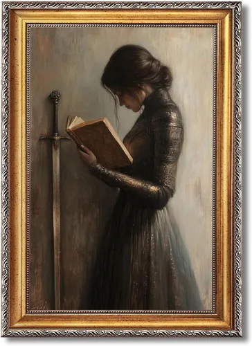 Vista 8 de Arte de pared retro con marco de oro victoriano, caballero, arte de pared, pintura al óleo medieval guerrera, póster de pintura al óleo vintage