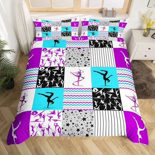 Vista 45 de Juego de funda de edredón de dibujos animados con lazo, tamaño individual, juego de ropa de cama a cuadros geométricos coloridos, decoración