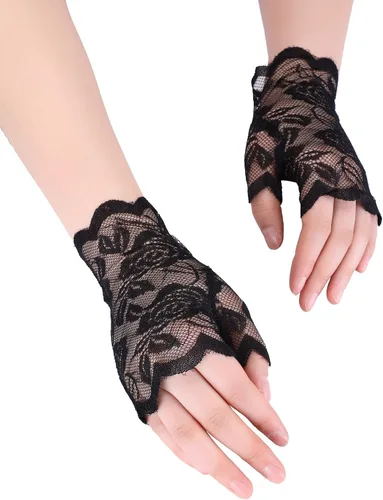 Vista 4 de Guantes florales de encaje corto sin dedos, guantes de novia para mujer