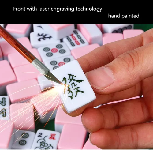 Vista 6 de Juego de mahjong de viaje pequeño, 144 azulejos de mahjong chino con bolsa de almacenamiento, mantel y 2 dados, regalo de entretenimiento