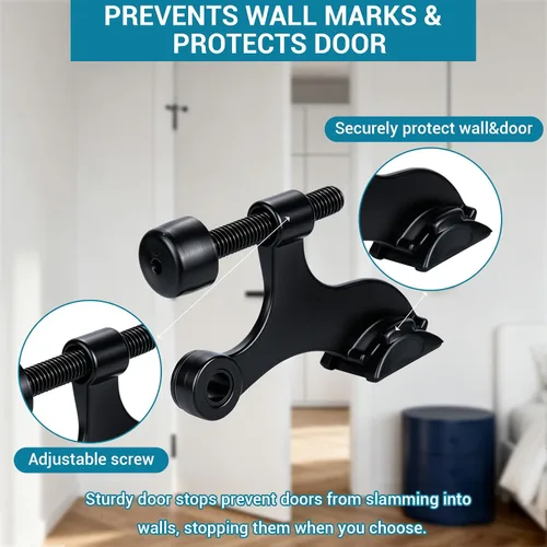Vista 3 de HOME MASTER HARDWARE Tope de puerta con pasador de bisagra, paquete de 2 topes de puerta ajustables resistentes de color negro mate con parachoques