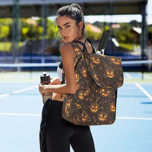 Vista 7 de Bolsa de tenis unisex resistente al agua, color amarillo gótico, calabaza de Halloween, bolsa de viaje deportiva para tenis, bádminton, bolsa