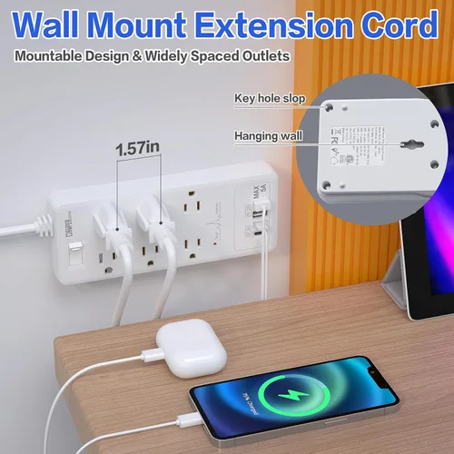 Vista 6 de Regleta protectora de sobretensiones, cable de extensión con 6 salidas (1875 W/15 A) y 2 puertos USB A+2USB C, certificación ETL, montaje en pared