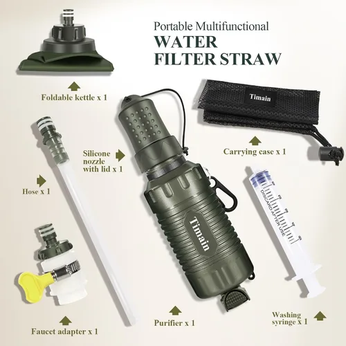 Vista 2 de Timain Filtro de agua personal portátil, filtro de agua con pajilla, equipo de supervivencia para preparación de emergencia, actividades al aire
