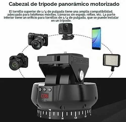 Vista 4 de Cabezal de trípode panorámico motorizado, cabezal de trípode de cámara electrónica de 2.4G + rotación de 360° + inclinación ±35° + control remoto.