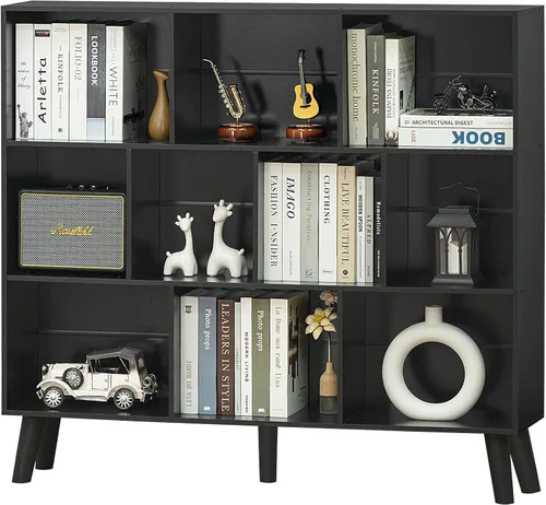 Vista 14 de YAHARBO Estantería de 2 cubos, soporte para tocadiscos negro con almacenamiento de vinilo de hasta 100 álbumes, estante horizontal para libros