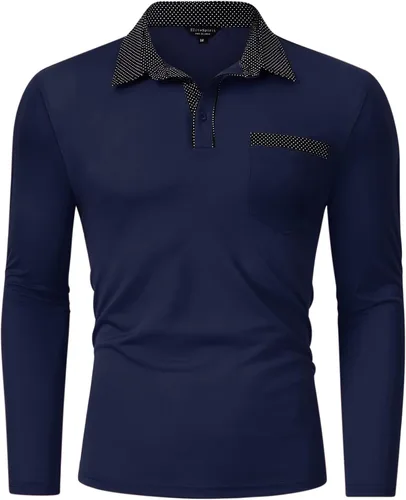 Vista 2 de EliteSpirit Polo de manga larga para hombre casual cuello de lunares con bolsillos color azul marino talla XL Azul marino