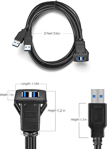 Vista 7 de 1M USB3.0 - Cable de panel de extensión USB 3.0 para automóvil, barco, motocicleta (3 pies)