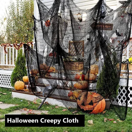 Vista 6 de 4 piezas de tela espeluznante de Halloween negra de 30 x 72 pulgadas, decoración de Halloween para interiores y exteriores, fondos espeluznantes