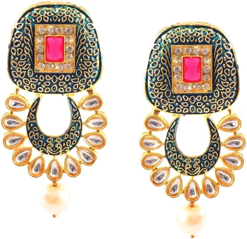 Vista 5 de JewarHaat Bollywood - Juego de collar con cuentas de cristal de ónix, chapado en oro, tono dorado con aretes, joyería para mujeres y niñas