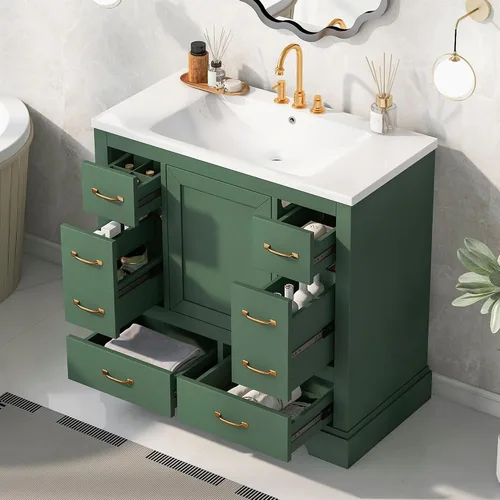 Vista 23 de Harper & Bright Designs Tocador de baño de 24 pulgadas con lavabo, juego de tocador independiente con 4 cajones, estantes de almacenamiento y Negro
